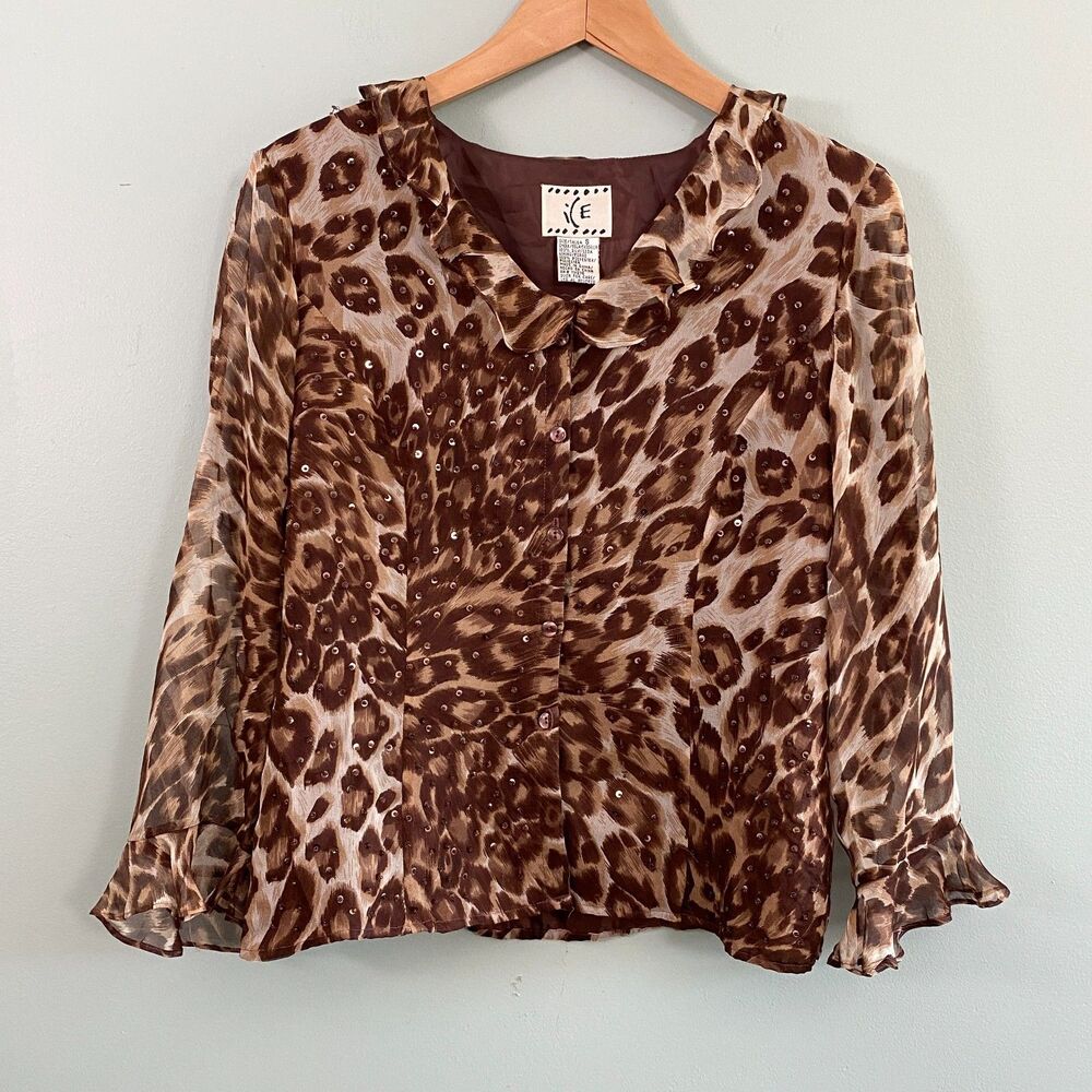 ICE Silk Blouse Womens Small Button Up Beaded Animal Print Whimsigoth Mobwife